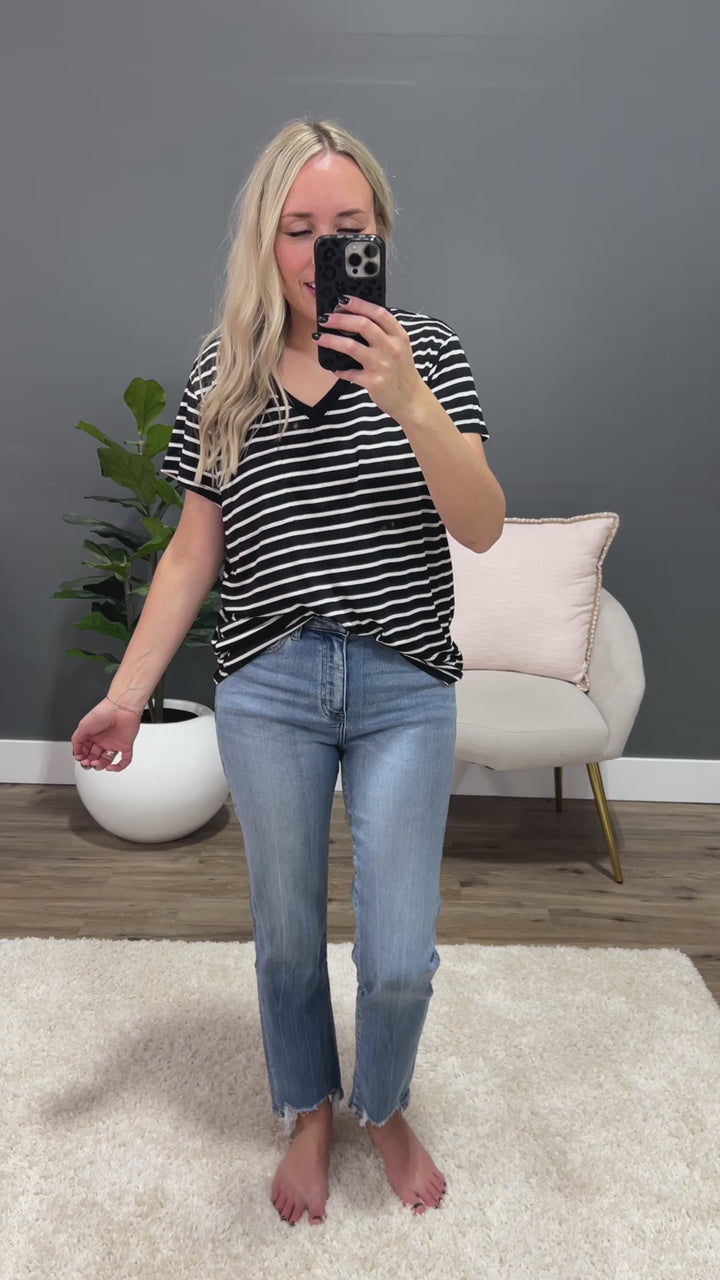 Hendrix Striped V Neck Pocket Top - Black FINAL SALE Sew In Love