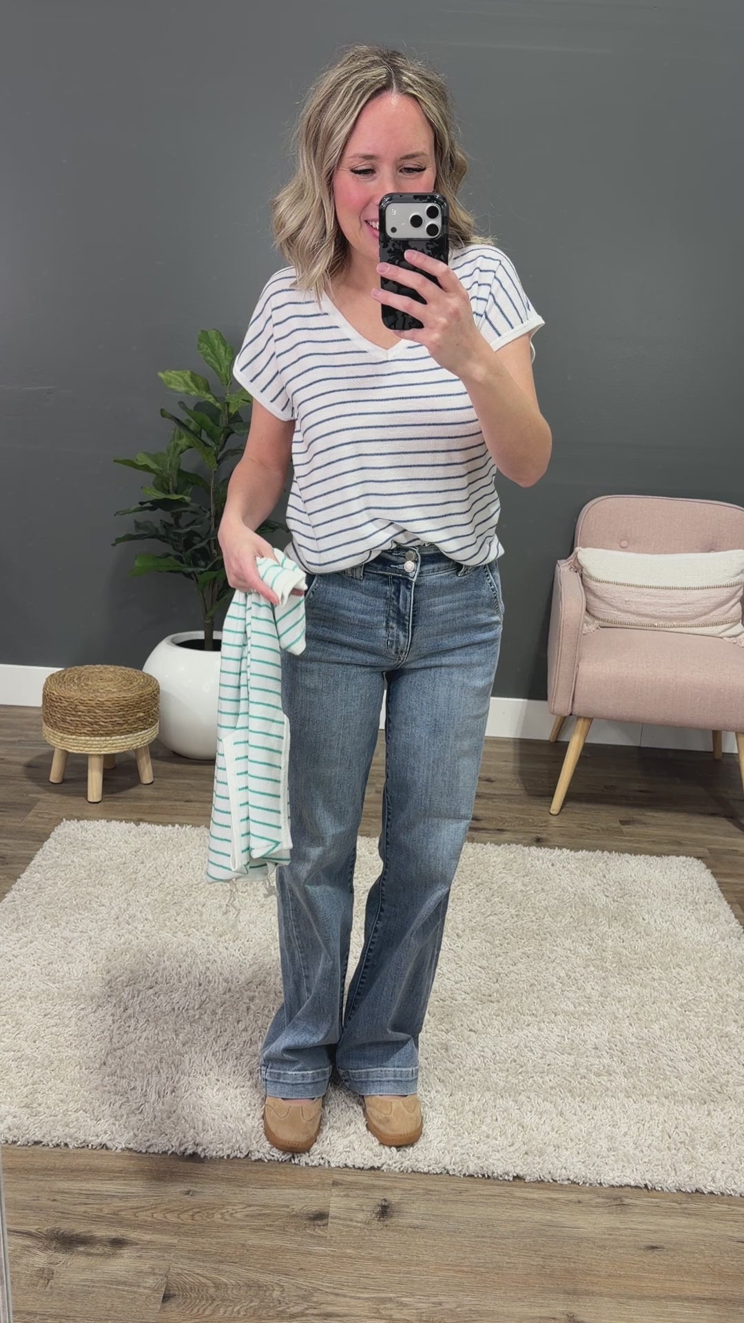 Candice Striped V Neck Sweater Top - Ivory & Green Staccato