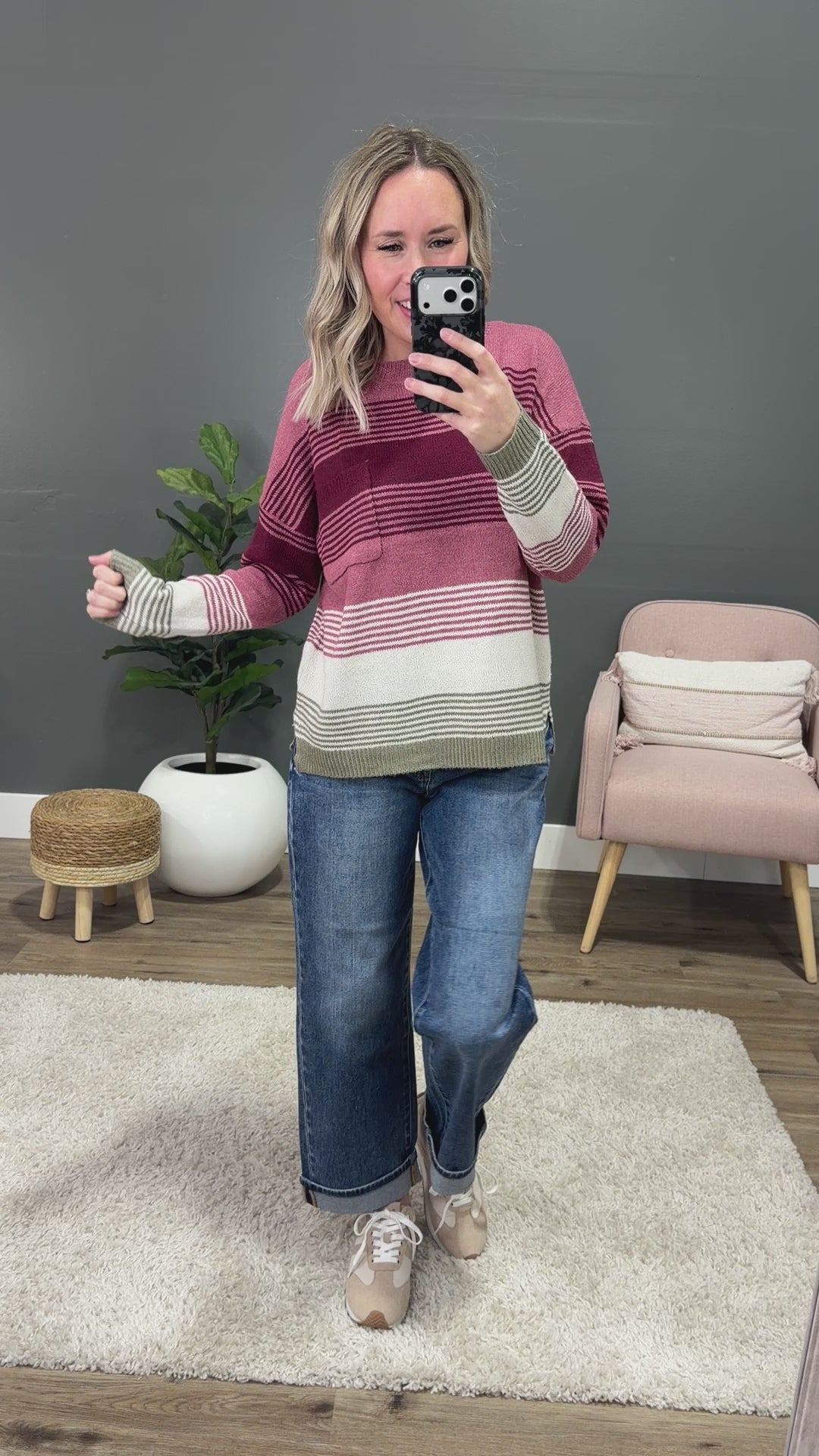 Janelle Multi Color Knit Sweater - Rose & Burgundy Staccato