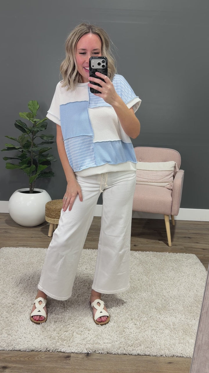 Harmony Gingham Color Block Corded Top - Light Blue Lovely Melody