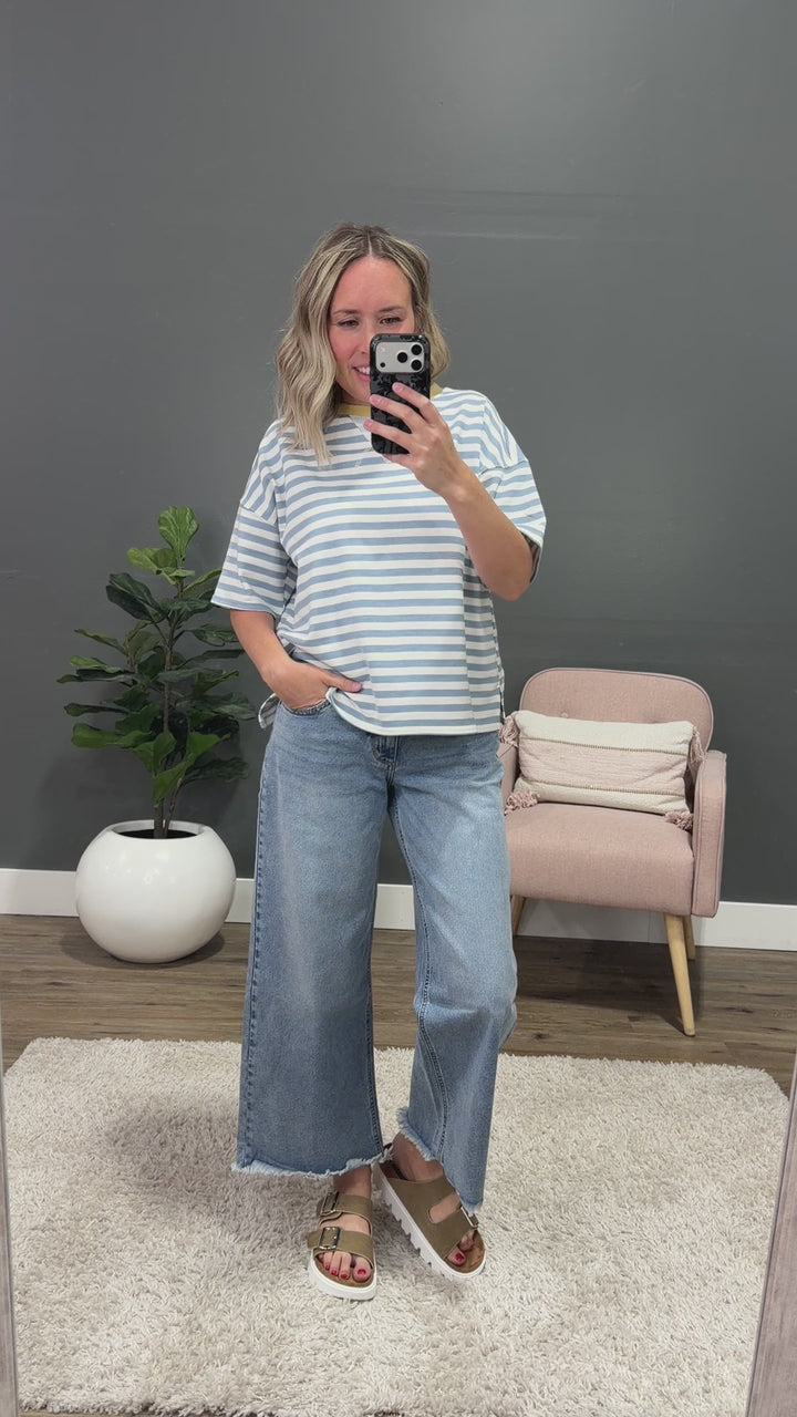NEW! Hazel Contrast Striped Top - Dusty Blue & Yellow Mine