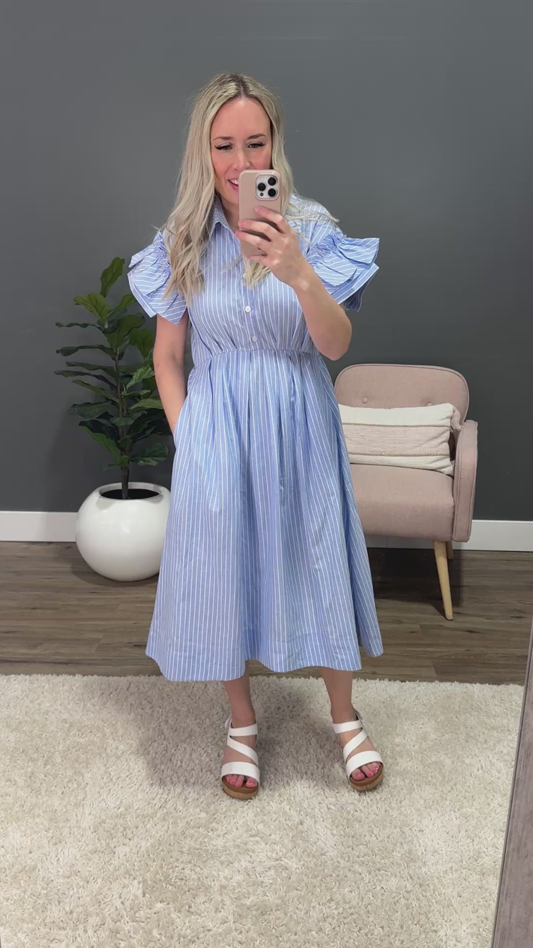 Carmine Striped Ruffle Sleeve Midi Dress - Blue SALE Heyson