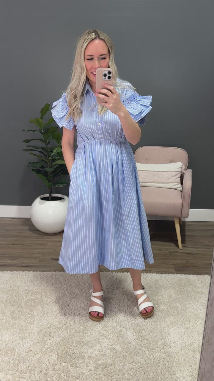 Carmine Striped Ruffle Sleeve Midi Dress - Blue SALE Heyson