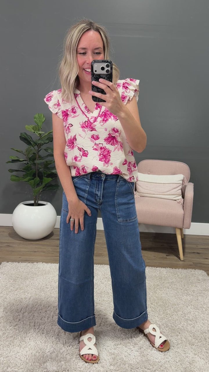 NEW! Marcie Floral Flutter Sleeve Top - Fuchsia Staccato