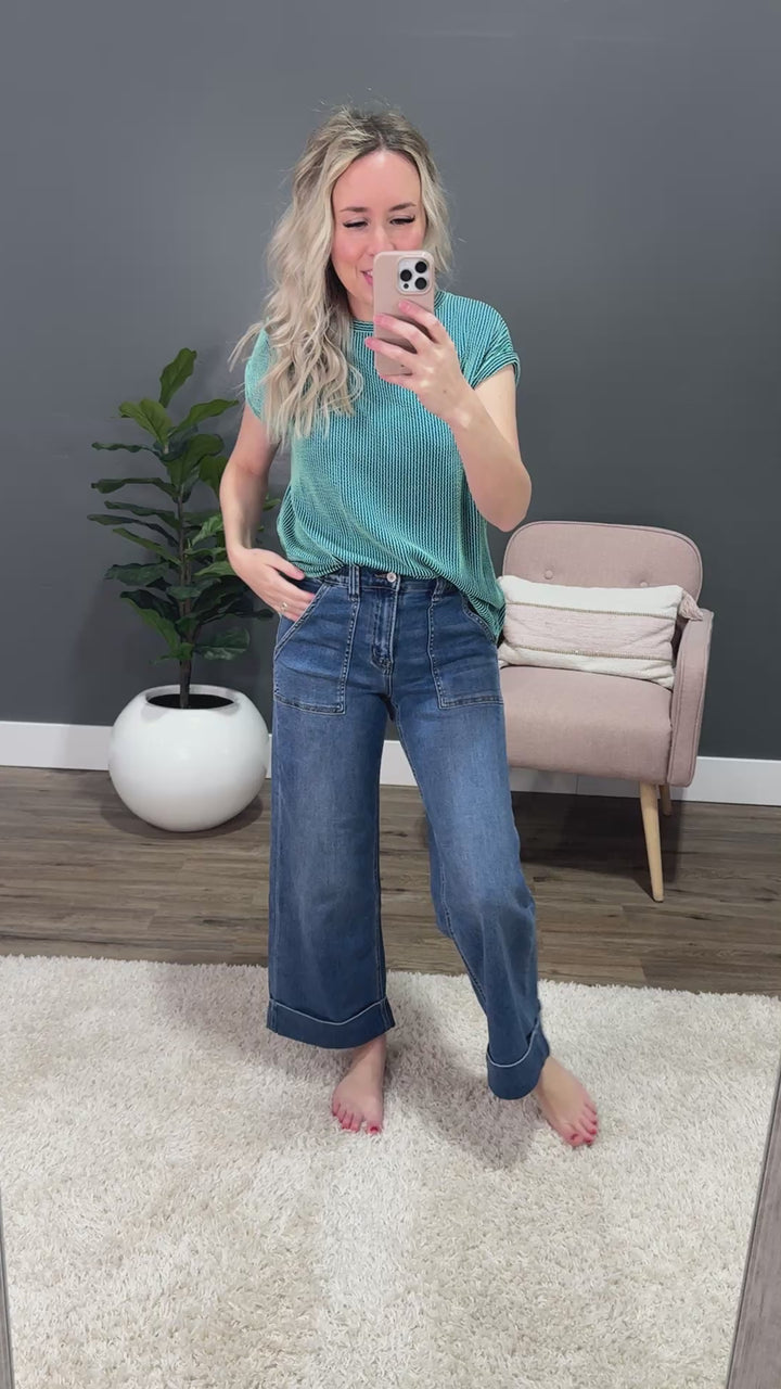 Vervet Maggie Roll Hem Elastic Waist Wide Leg Jeans Vervet