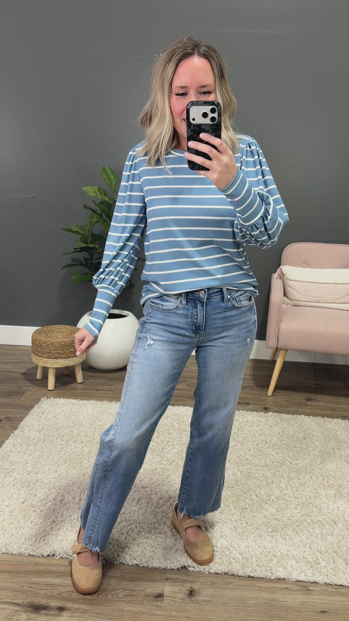 April Striped Bubble Sleeve Top - Blue FINAL SALE Lovely Melody