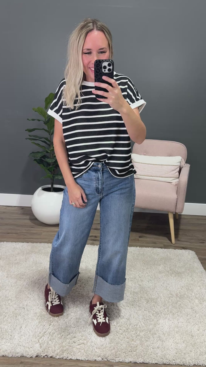 Nina Faded Striped Drop Shoulder Top - Black SALE Lovely Melody