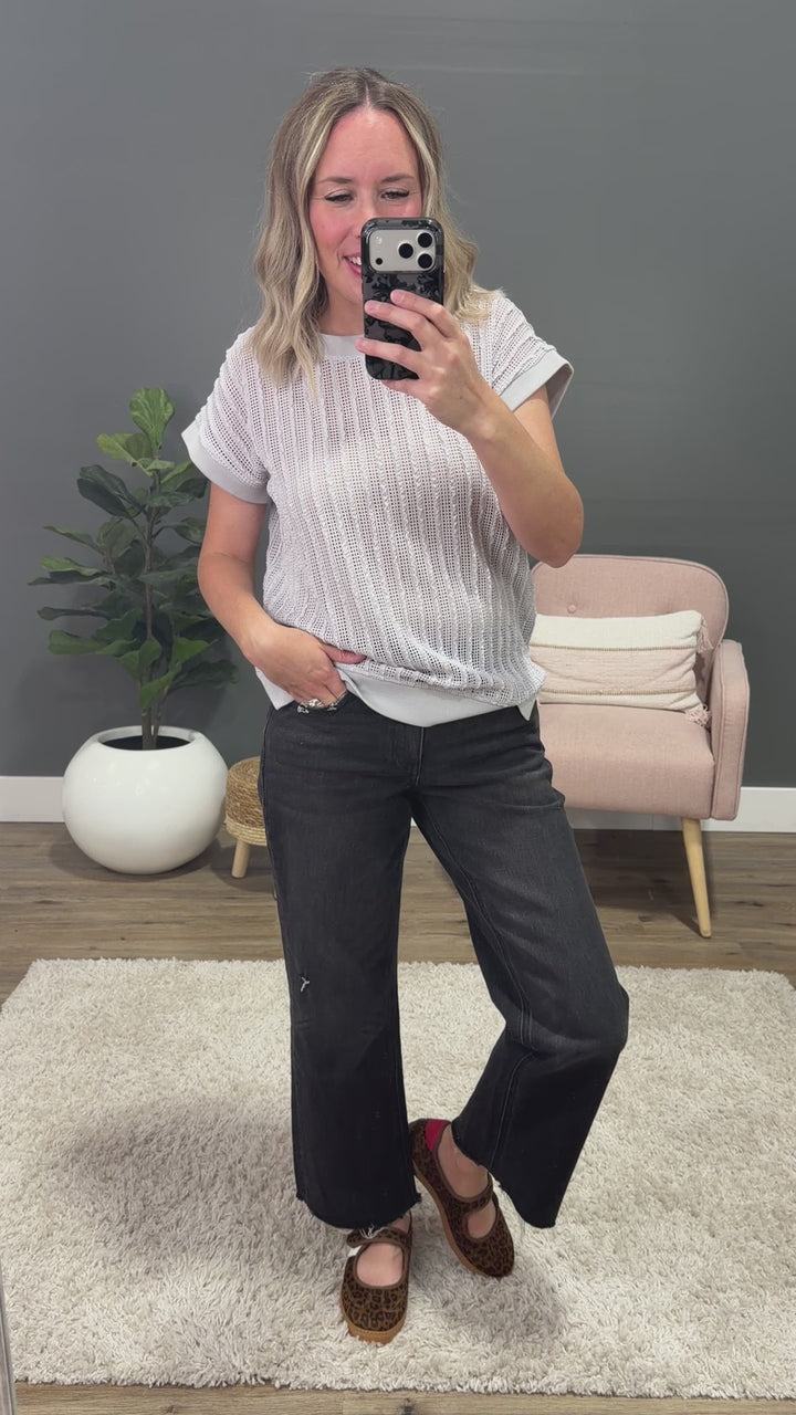 Liesel Textured Open Knit Top - Gray Staccato