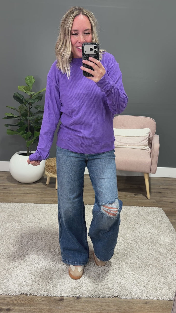 NEW! Mia Ribbed Crewneck Top - Purple Michelle Mae