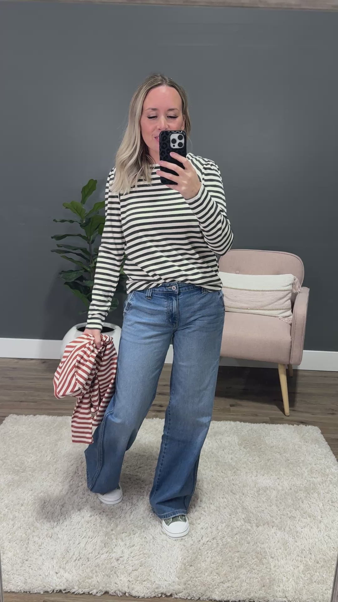 Alexa Striped Pleated Shoulder Top - Rust Staccato