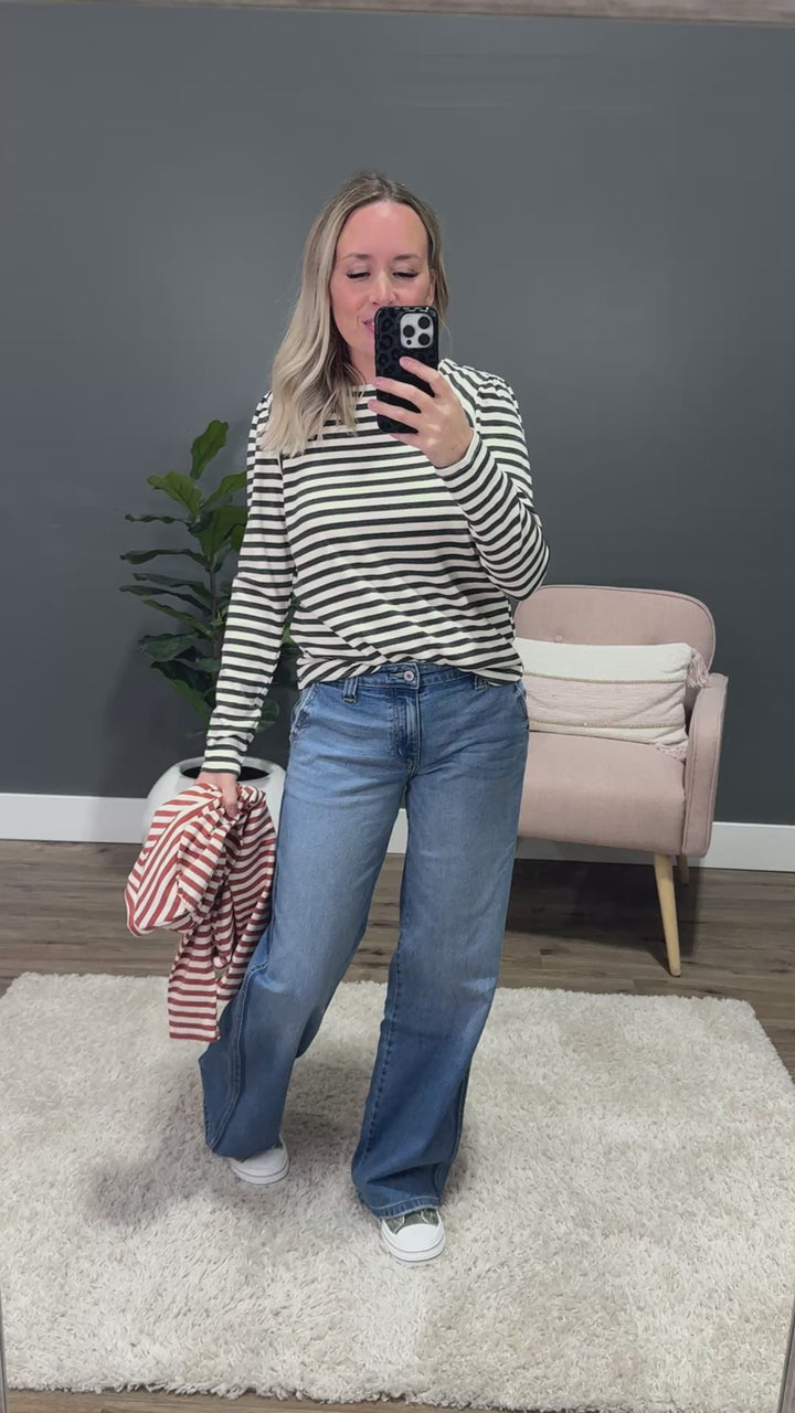 Alexa Striped Pleated Shoulder Top - Rust Staccato