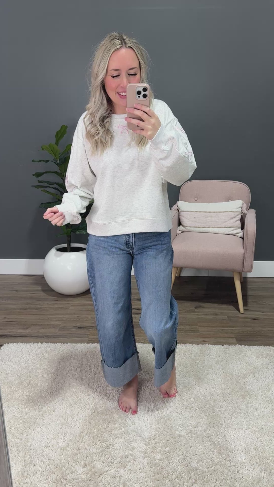 Heather Gray Sweatshirt with Pink Embroidered Ribbons SALE Main Strip