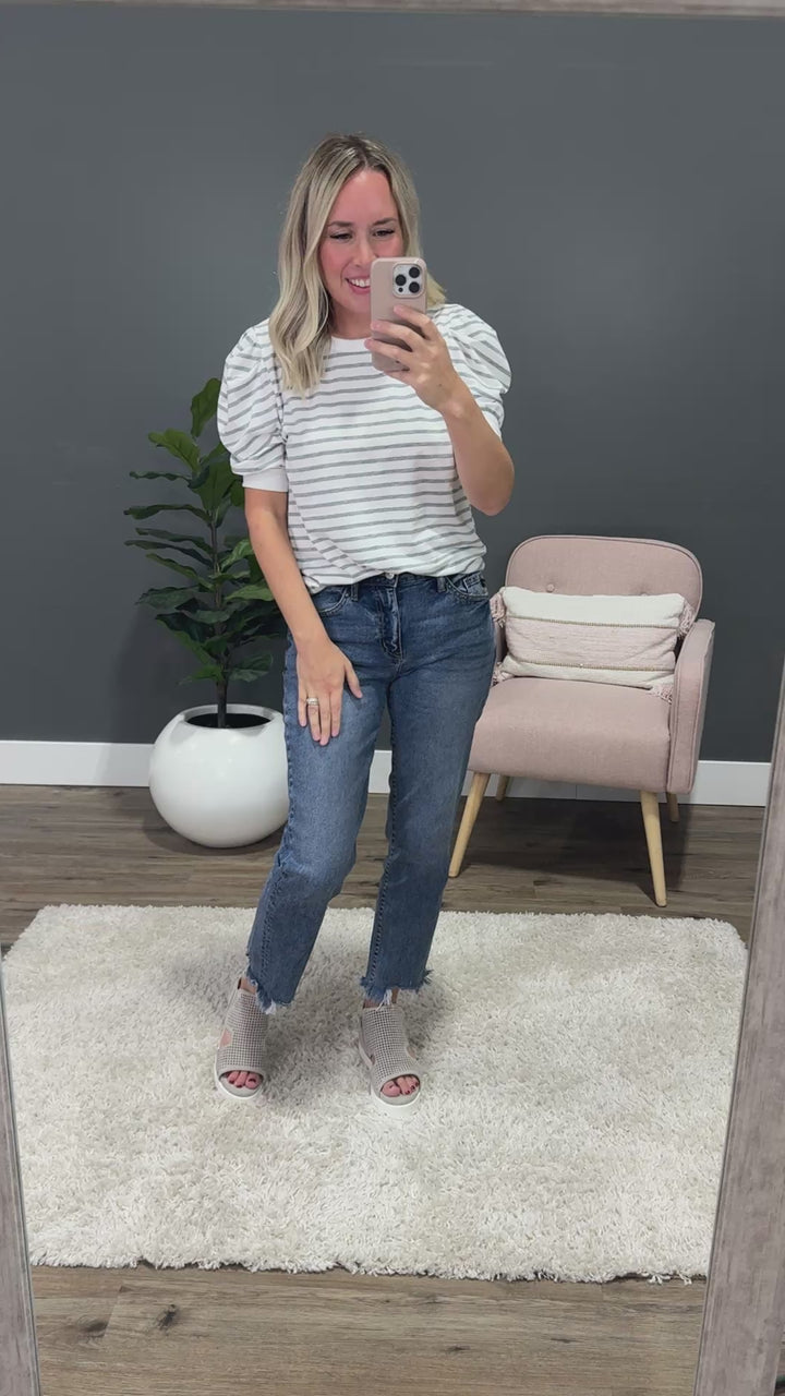 Hillary Striped Puff Sleeve Top - Heather Gray SALE Lovely Melody