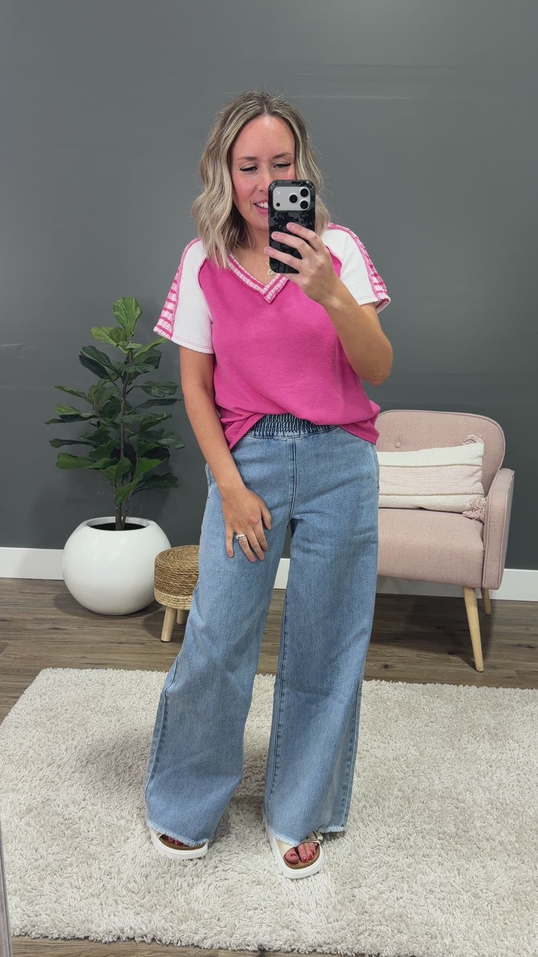 Colette V Neck Contrast Top - Fuchsia Lovely Melody