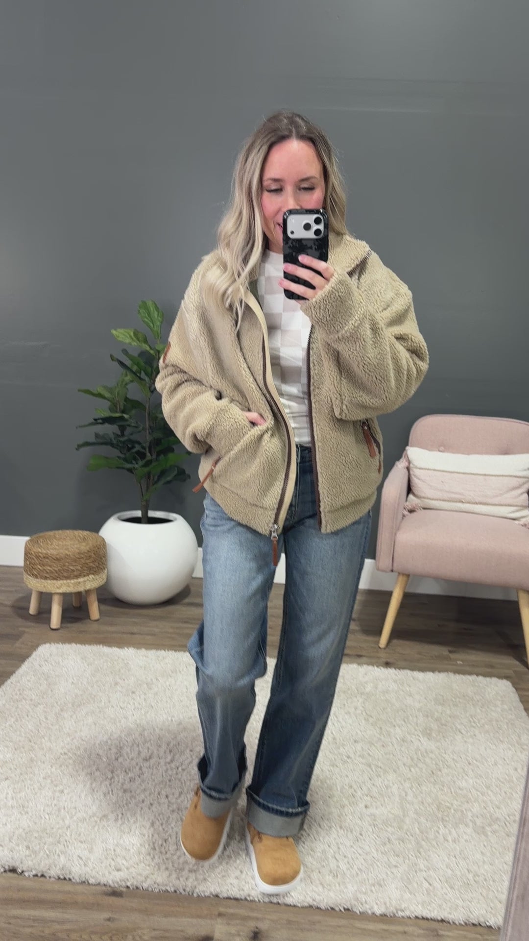 NEW! Wanakome Tamsin Sherpa Zip Up Jacket - Stone Wanakome