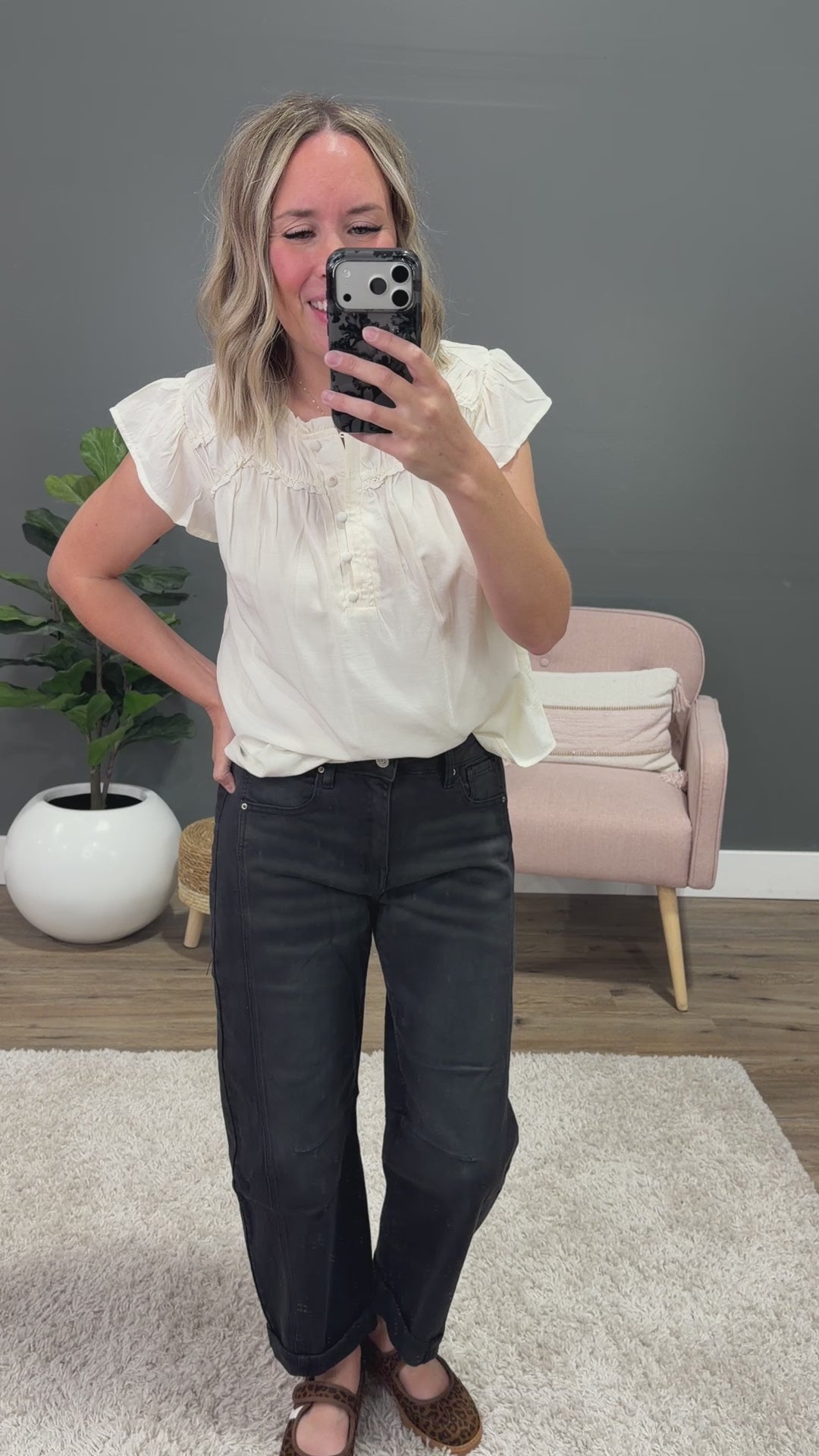 NEW! Raya Ruffled Henley Blouse - Ivory Mine