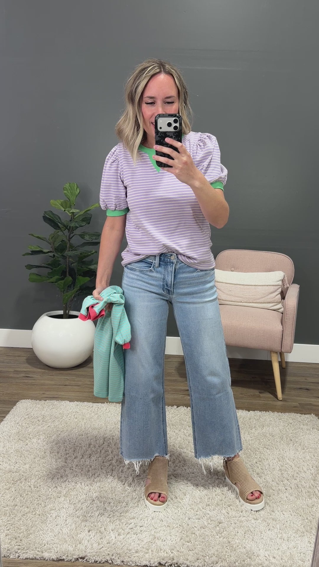 NEW! Becky Striped Puff Sleeve Top - Lavender & Green Staccato
