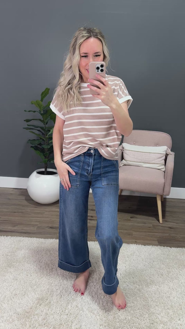 Nina Faded Striped Drop Shoulder Top - Taupe SALE Lovely Melody