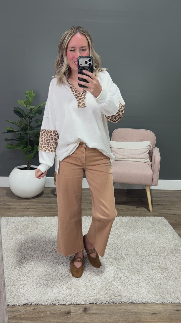 Jana Leopard Color Block Collared Top - Ivory Lovely Melody