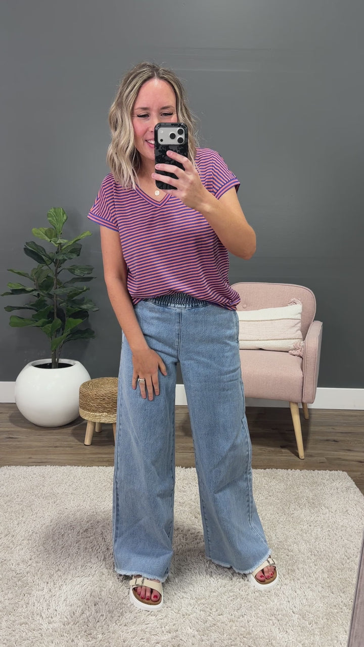 Nadia Striped V Neck Top - Orange & Royal Staccato