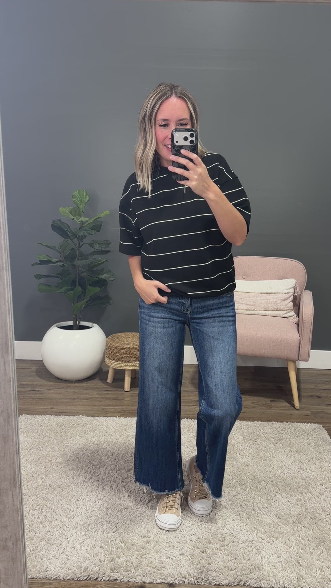 Macey Scuba Fabric Striped Top - Black & Cream Rae Mode