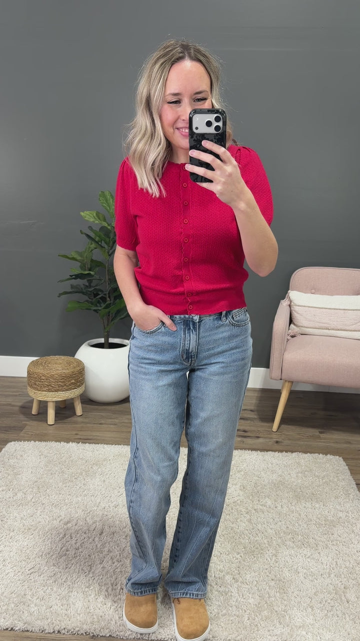 NEW! Brooke Pointelle Short Sleeve Cardigan - Poppy Red Be Cool