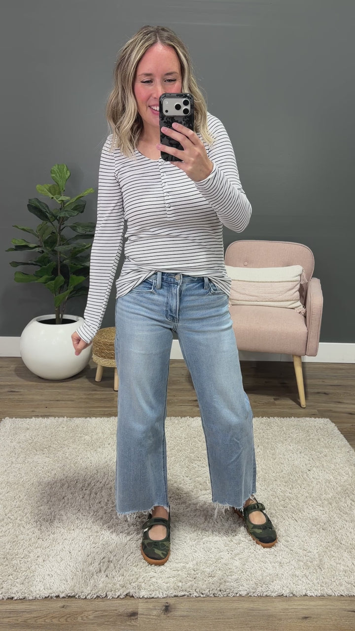 Dawn Striped Henley Long Sleeve Top - White Michelle Mae