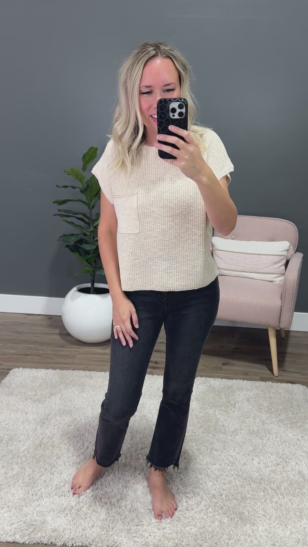 Eloise Short Sleeve Pocket Sweater - Natural Be Cool