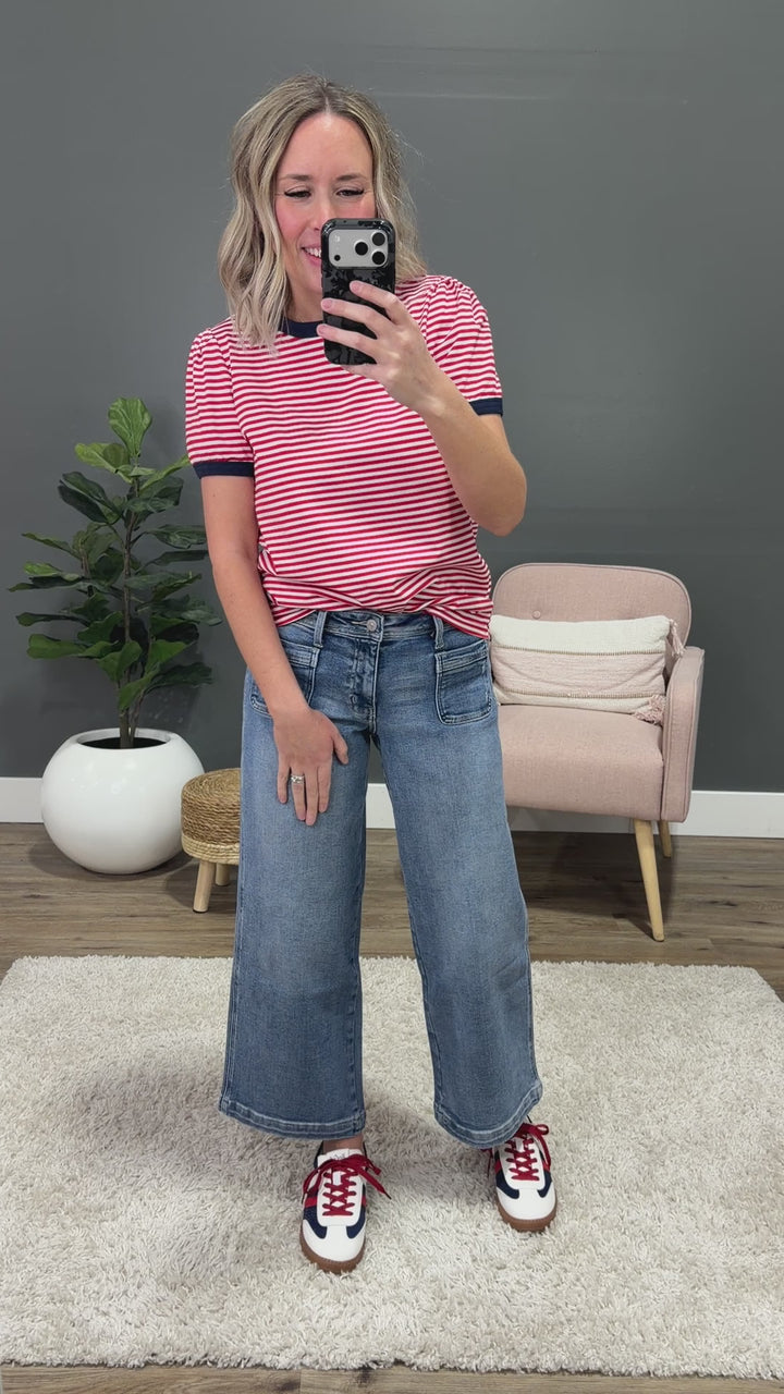 Mandy Puff Sleeve Striped Top - Red & Navy Staccato