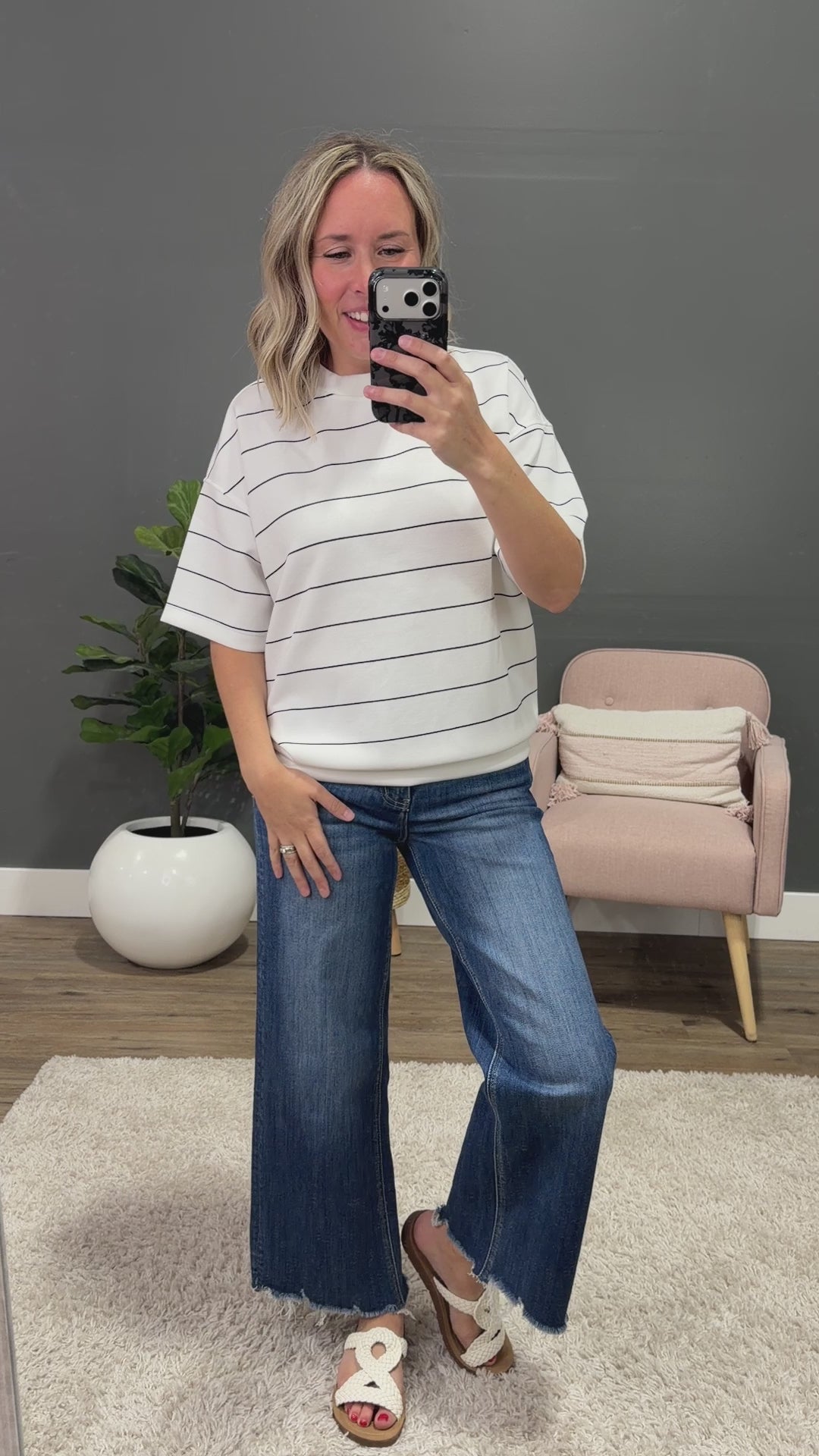 NEW! Macey Scuba Fabric Striped Top - Cream & Black Rae Mode