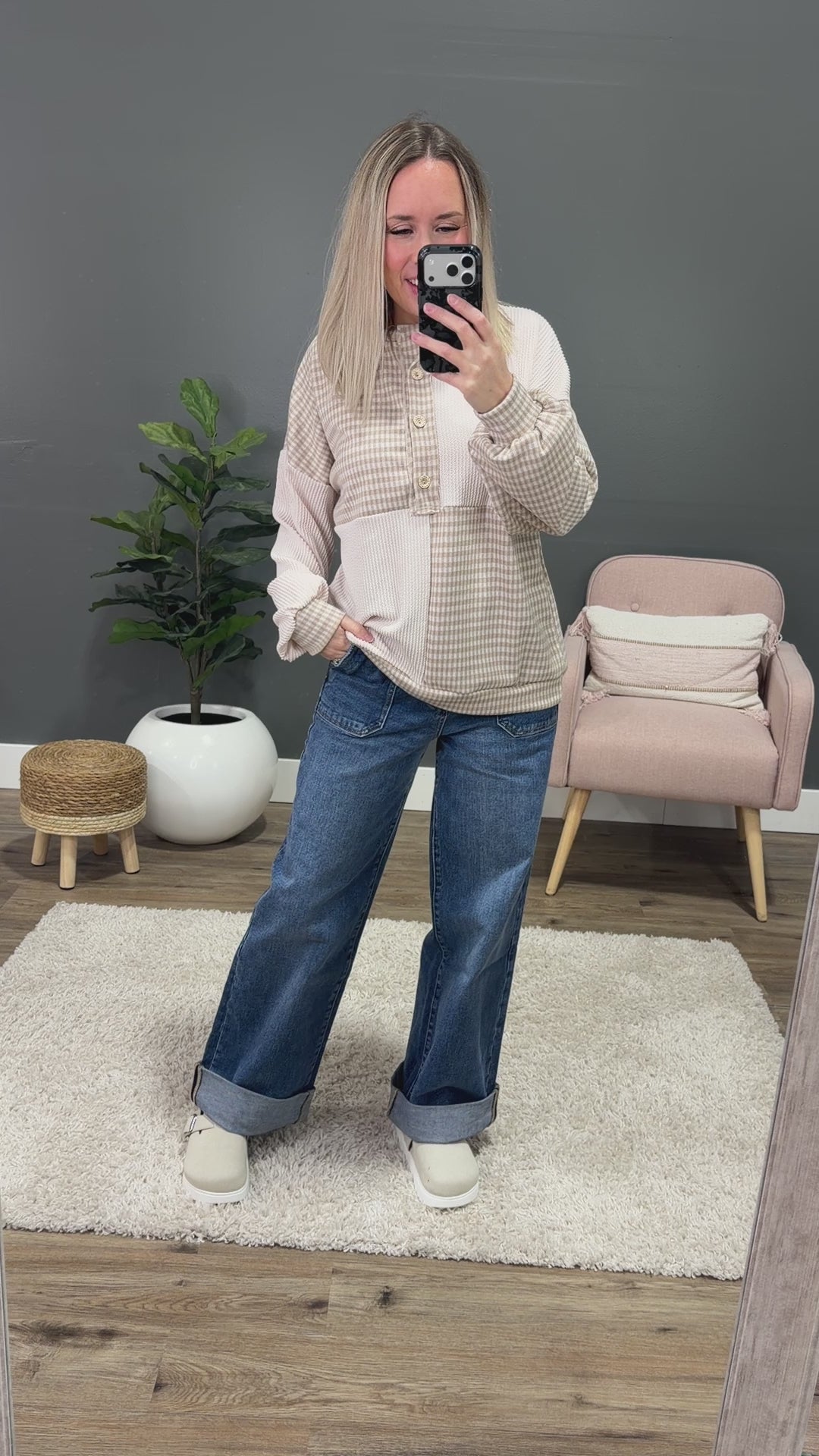 Cassie Mixed Fabric Henley Top - Taupe FINAL SALE Lovely Melody
