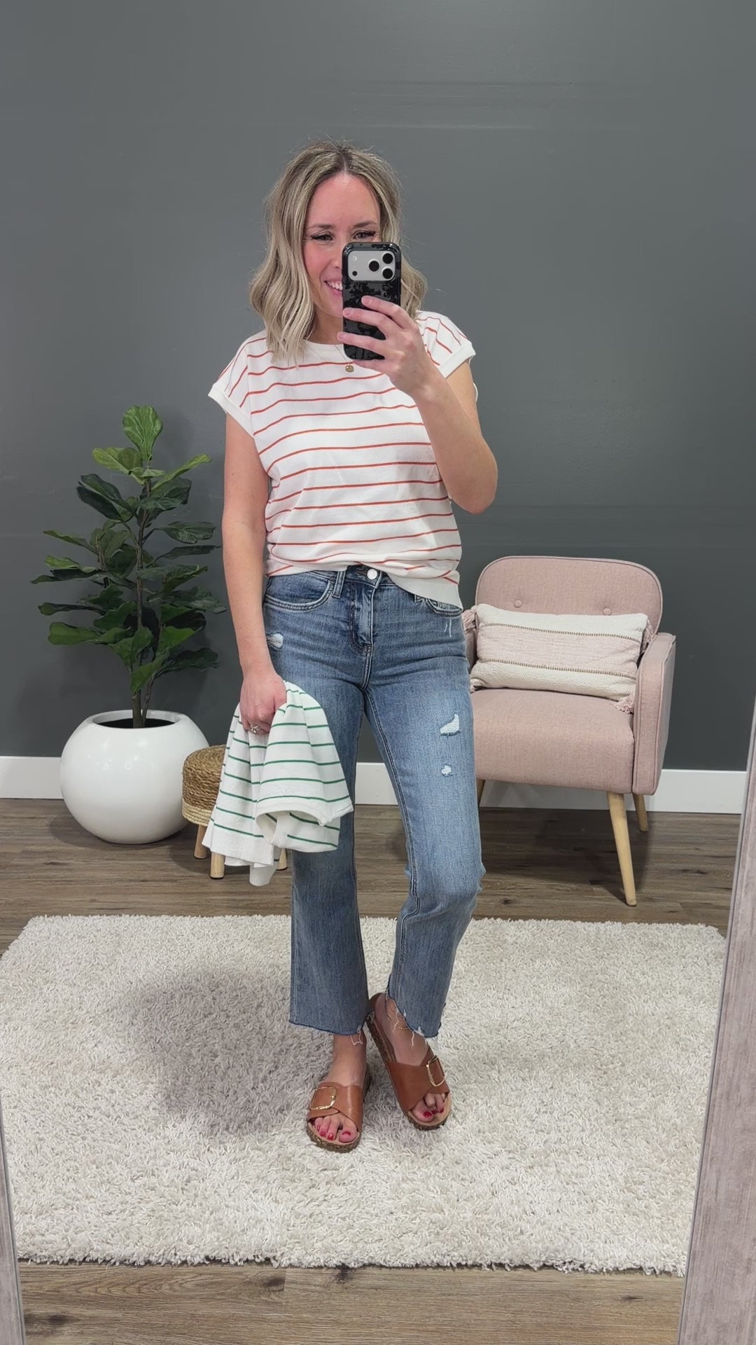 Allie Striped Short Sleeve Sweater - Ivory & Rust Staccato