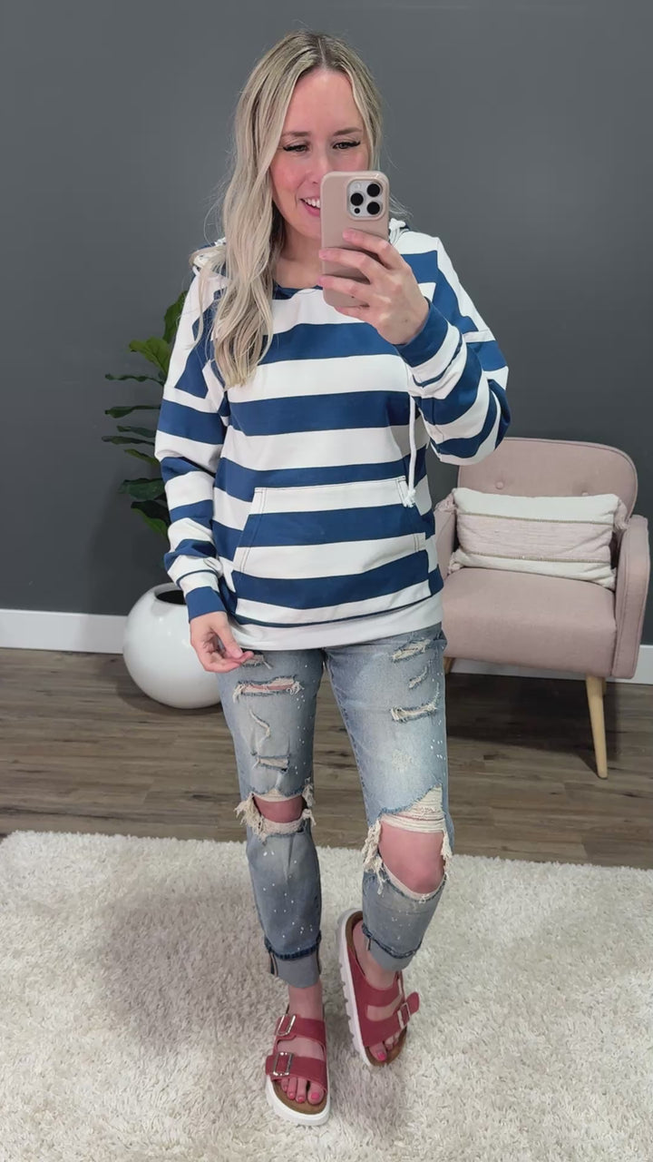 Rylie Striped Lightweight Hoodie - Navy and White Michelle Mae