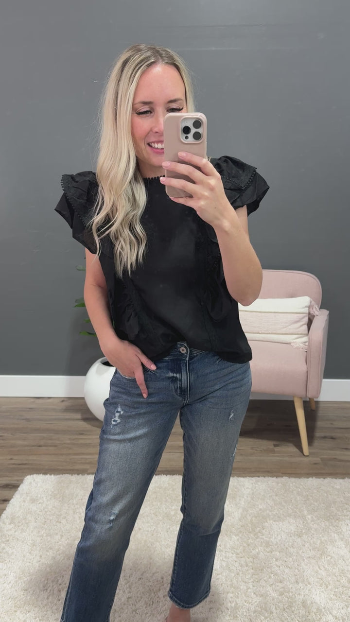 Alexandra Ruffled Blouse with Lace Trim - Black FINAL SALE Heyson