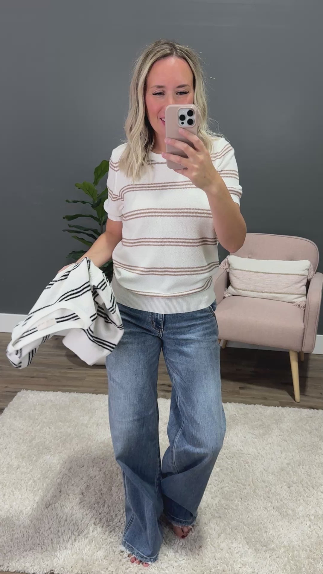 Chelsea Triple Stripe Short Sleeve Sweater - Taupe SALE Be Cool