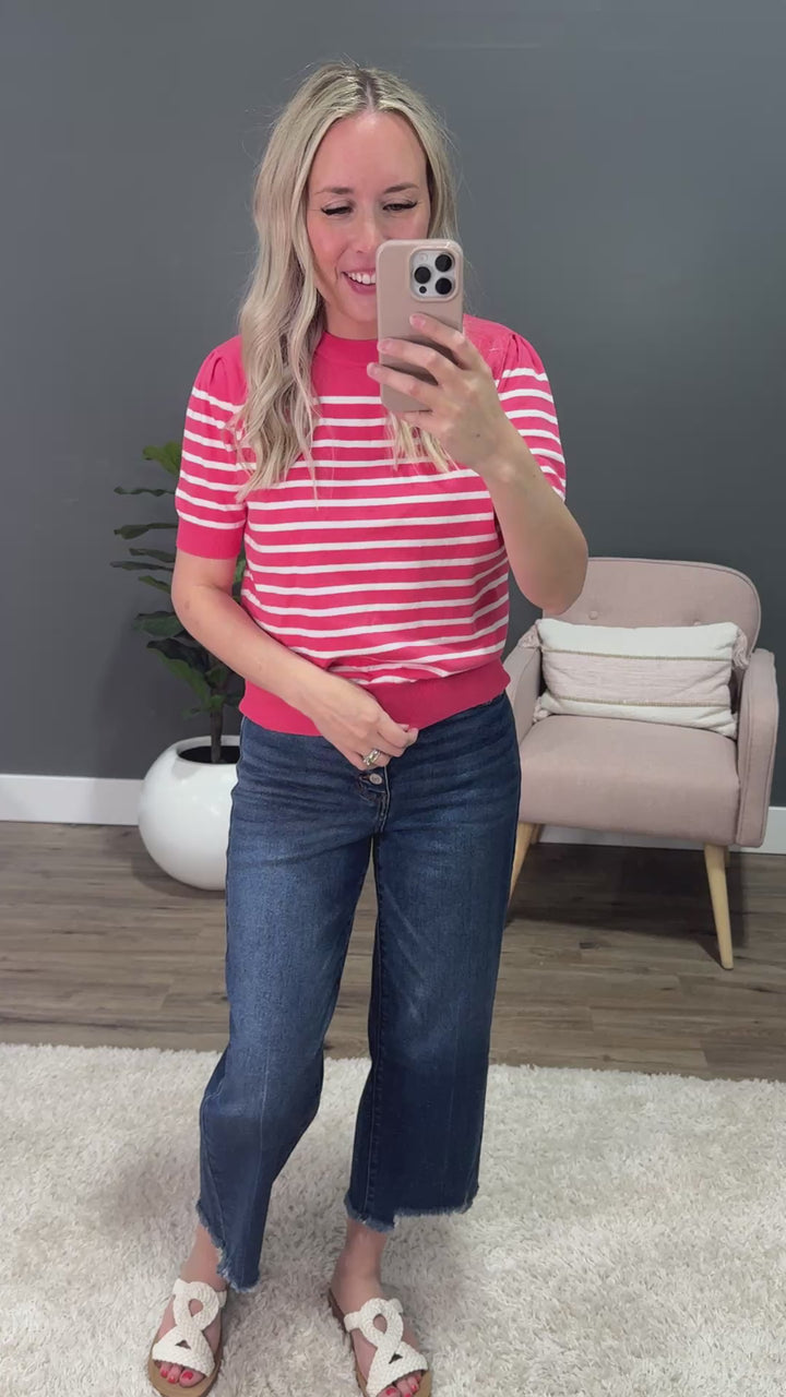 Ava Striped Short Sleeve Sweater - Coral Pink SALE Bibi