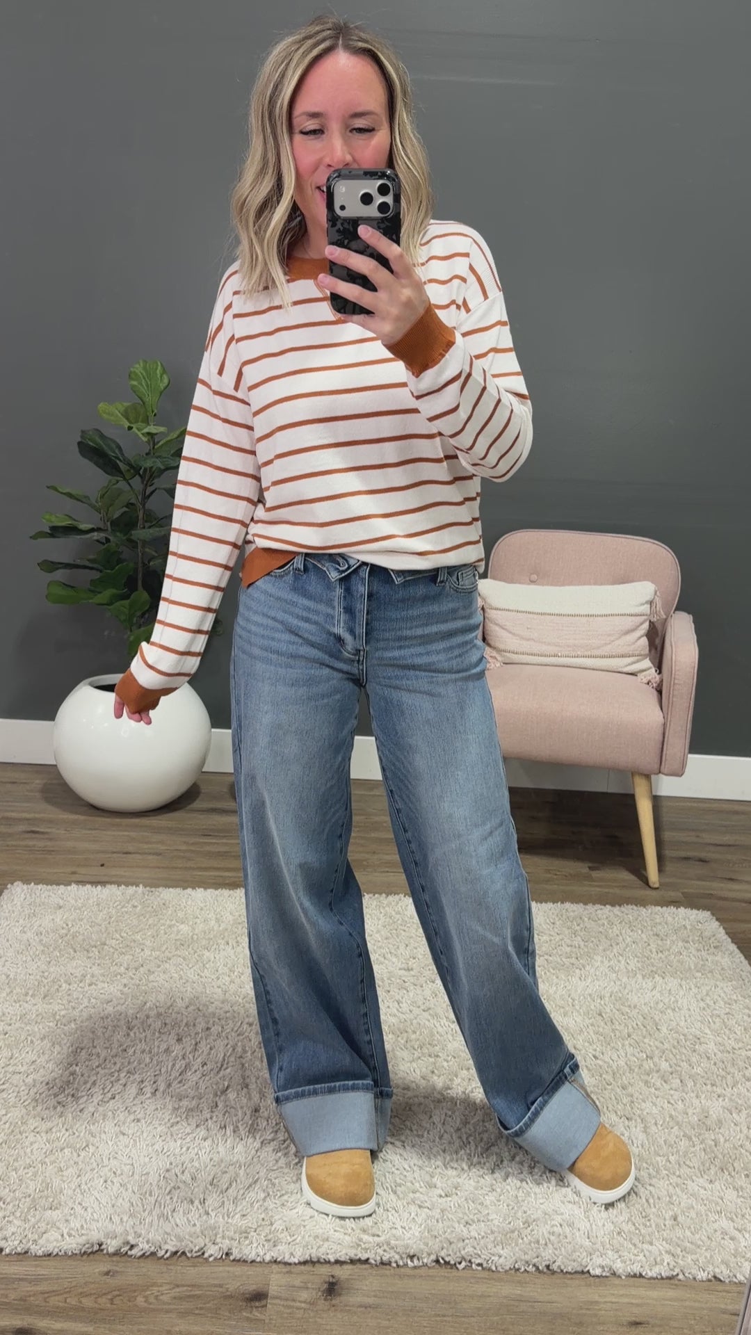 Rosie Fine Knit Striped Sweater - Ivory & Copper Staccato
