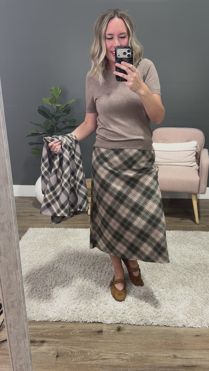 Jade Plaid A-Line Skirt - Greige Be Cool
