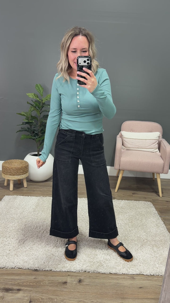 Tatum Micro Ribbed Henley Top - Dark Teal SALE Lovely Melody