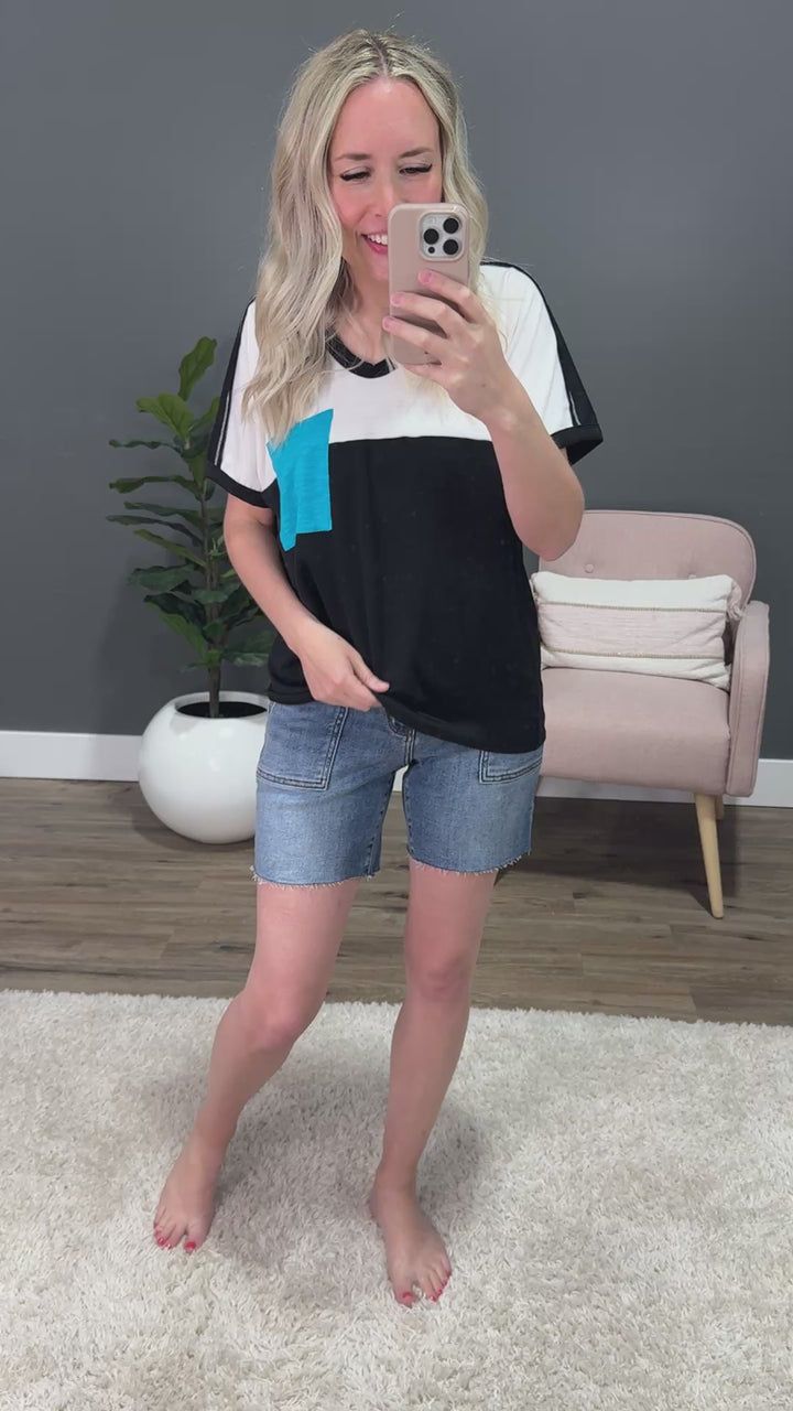 Heather Color Block Top with Contrast Pocket - Black FINAL SALE Bibi