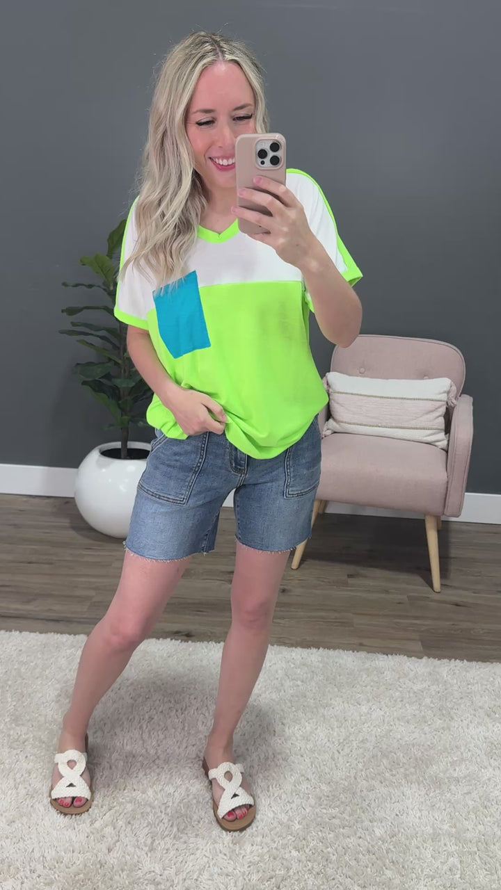 Heather Color Block Top with Contrast Pocket - Neon Green FINAL SALE Bibi