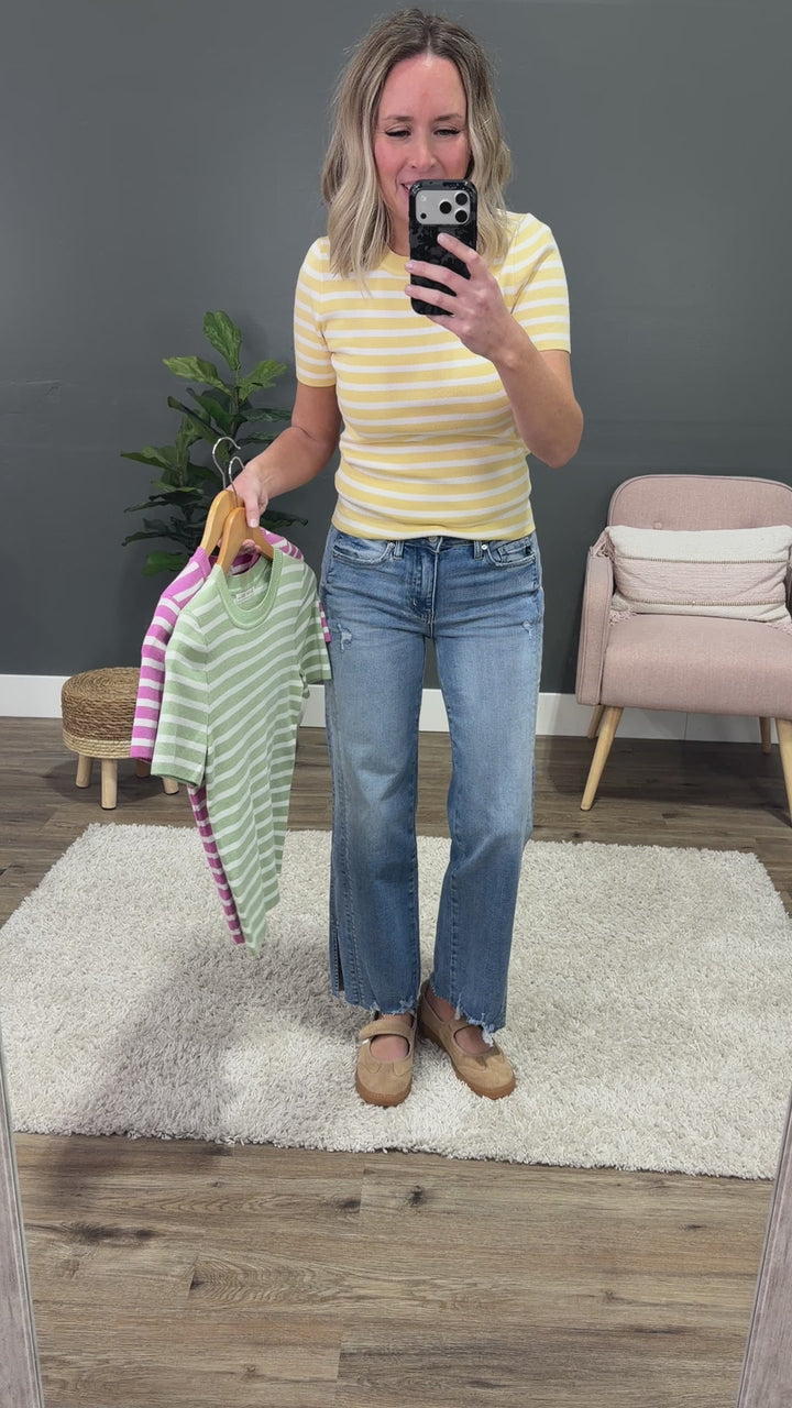 NEW! Delaney Striped Short Sleeve Sweater Top - Hot Pink Be Cool