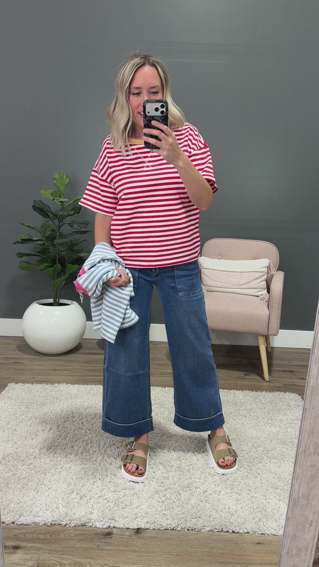 NEW! Ellie Contrast Striped Top - Sky Blue & Pink Staccato