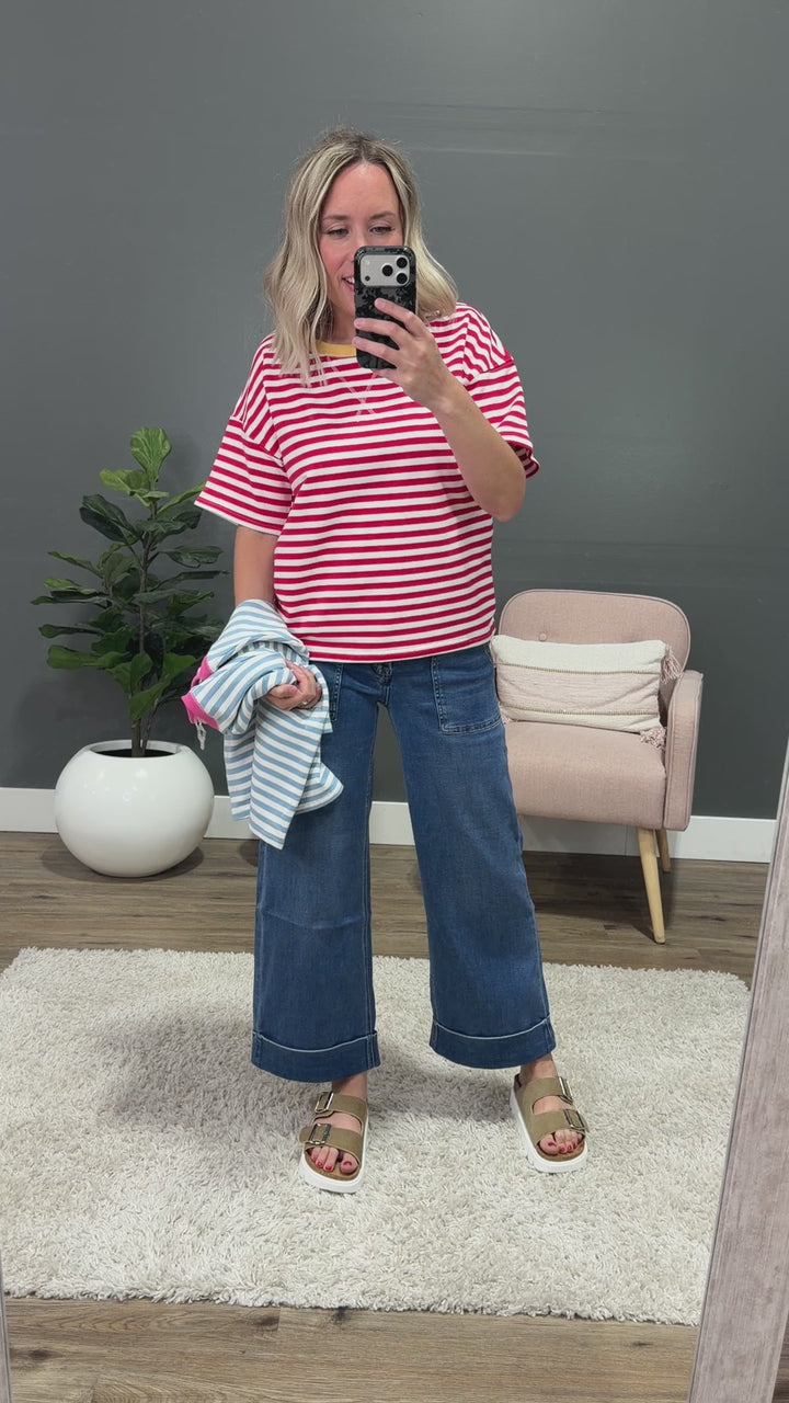 NEW! Ellie Contrast Striped Top - Sky Blue & Pink Staccato