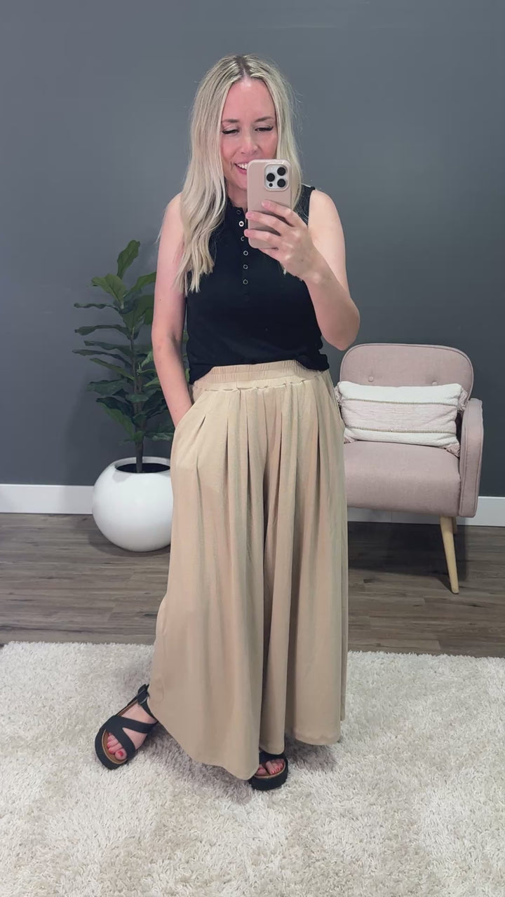 Right Here Wide Leg Pleated Knit Pants - Beige Heyson