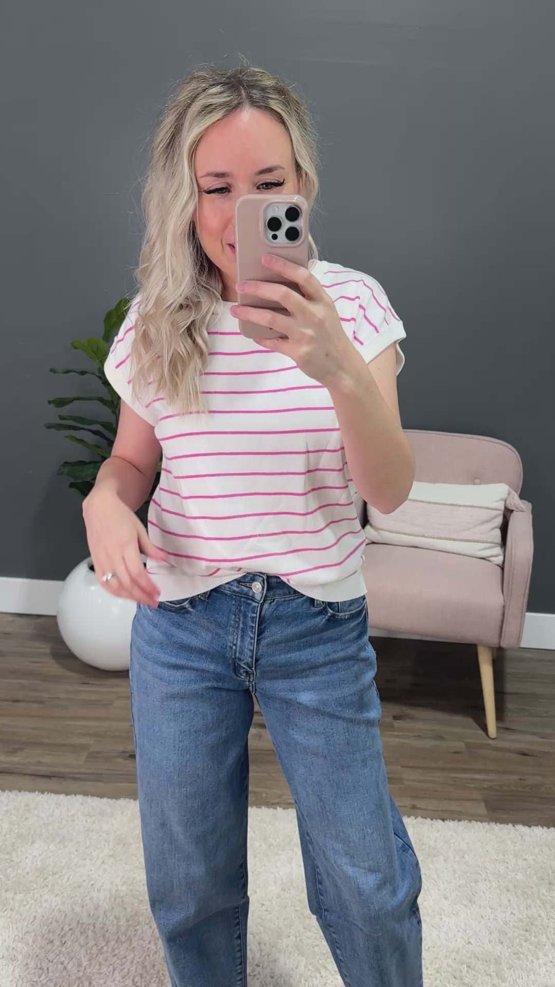 Allie Striped Short Sleeve Sweater - Ivory & Pink Staccato