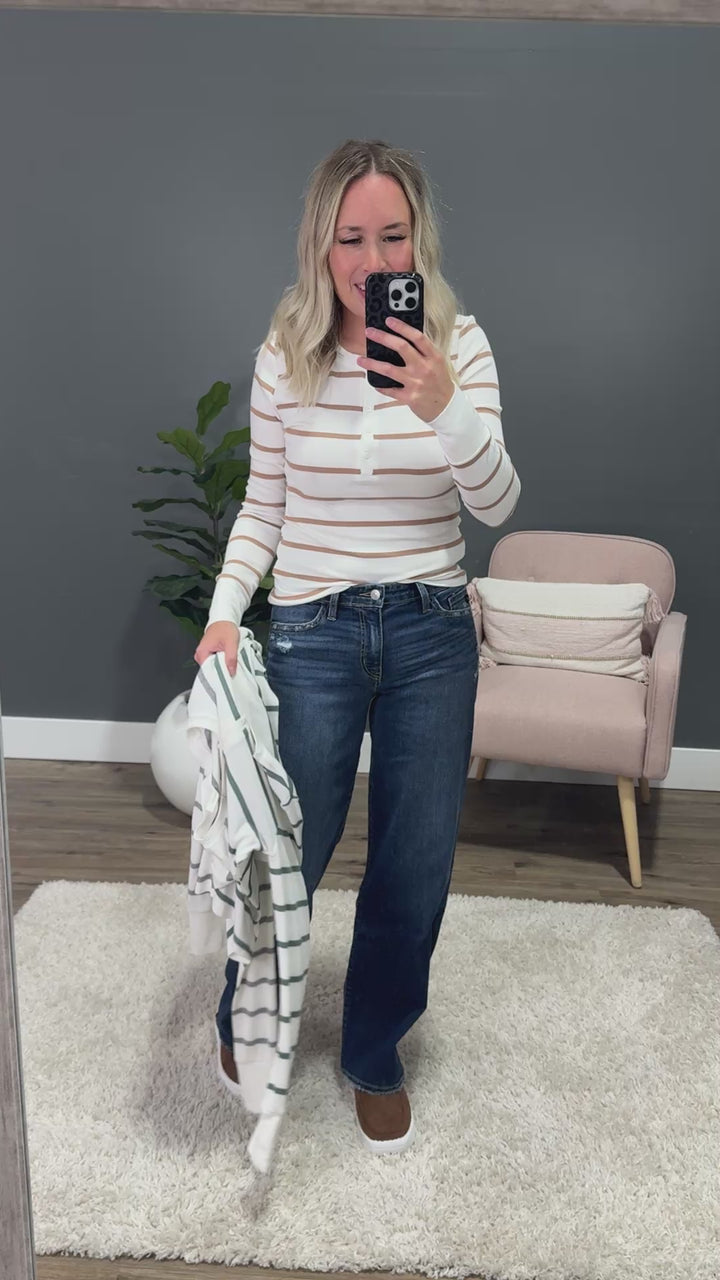Everly Ribbed Long Sleeve Striped Henley Top - Spruce Be Cool