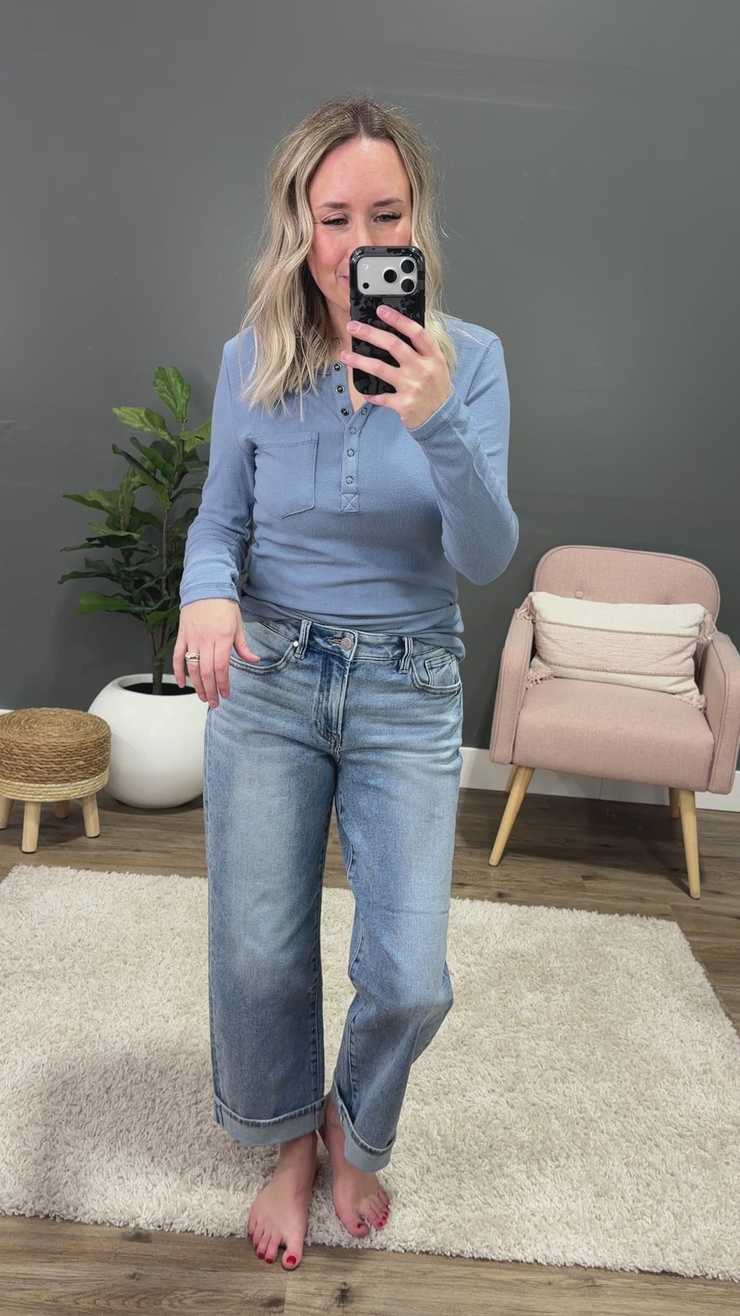 Georgia Henley Long Sleeve Top - Dusty Blue Michelle Mae