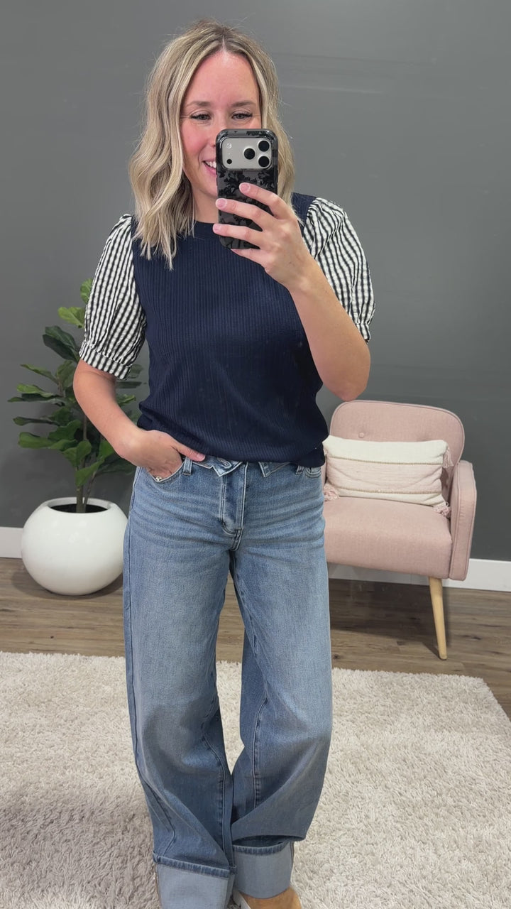 Archer Plaid Puff Sleeve Top - Navy Staccato