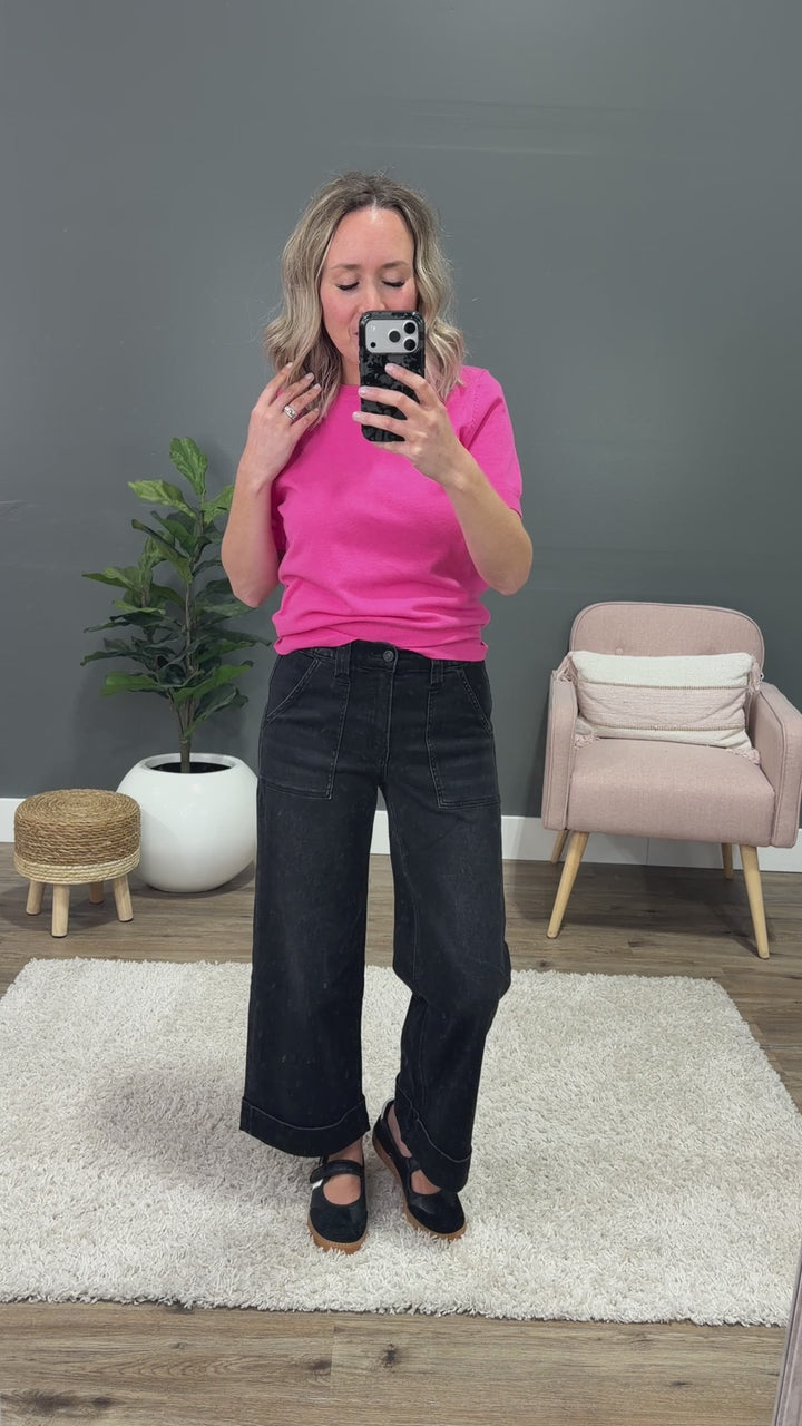 NEW! Vervet Maggie Roll Hem Elastic Waist Wide Leg Jeans - Black Vervet